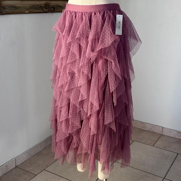 Fairycore Tulle Ruffle Midi Skirt Polka Dot Layered Mesh Pink L WD NY NWT - Picture 4 of 10